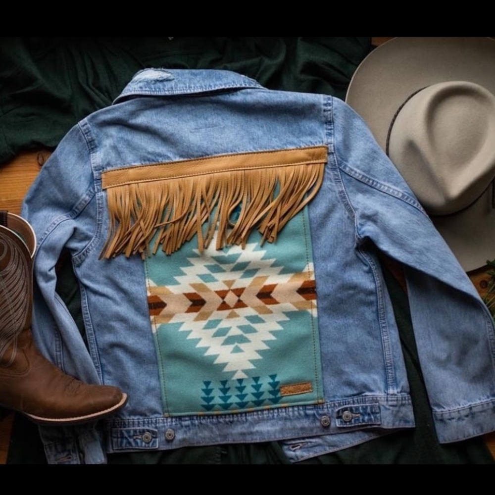 Pendleton women’s jean jacket with fringe by Mercy Grey Design in Rancho Arroyo
